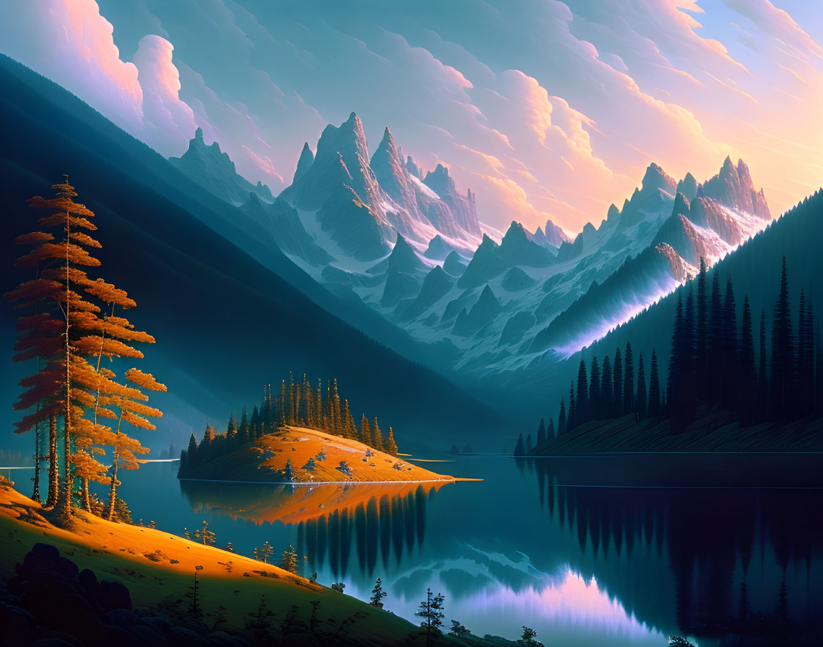 Serene mountain landscape with reflective lake at sunset