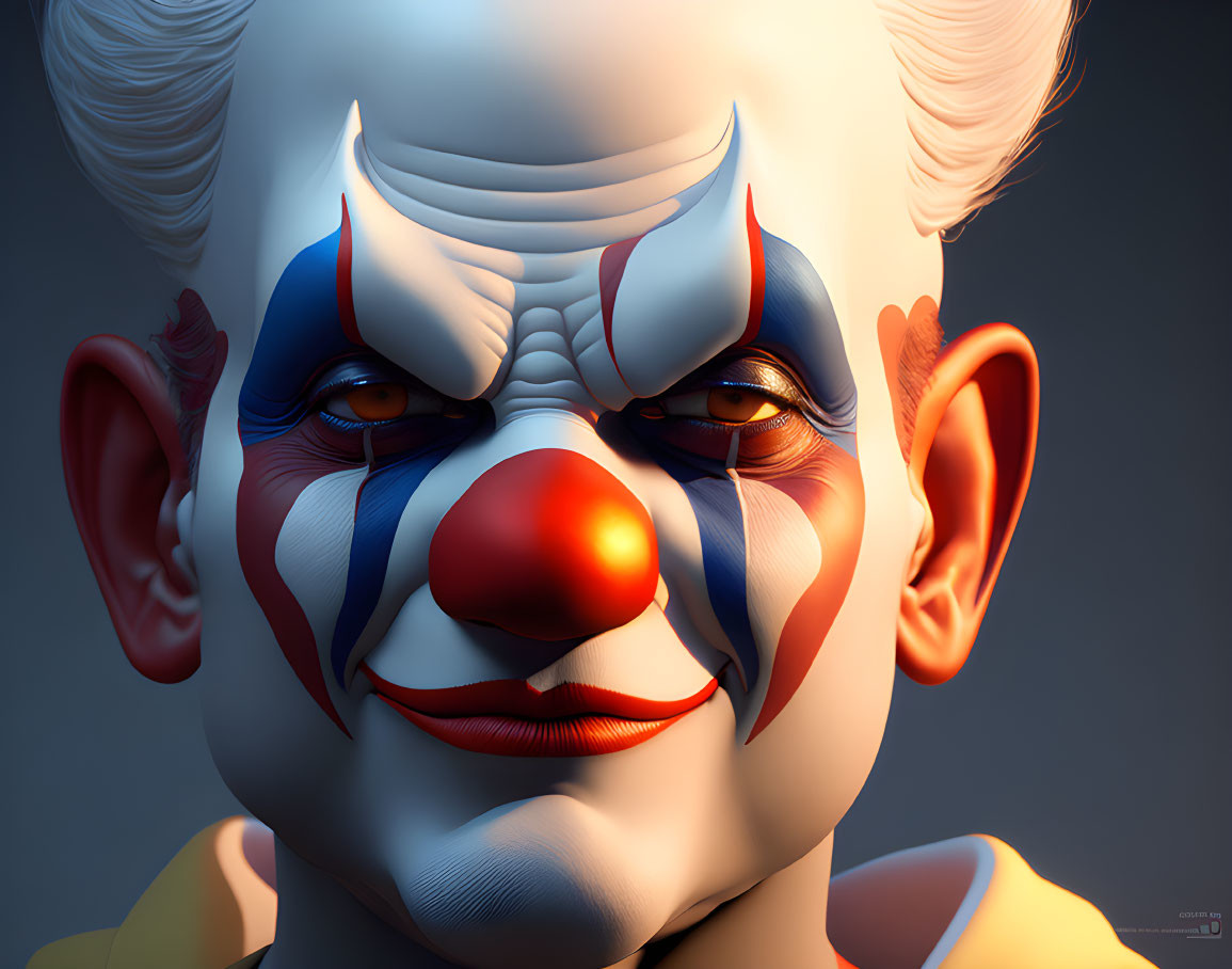 Detailed 3D rendering of a clown with dramatic face paint and wig