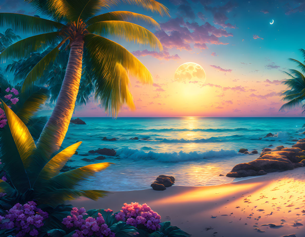 Vivid Tropical Beach Scene with Palm Trees and Moons