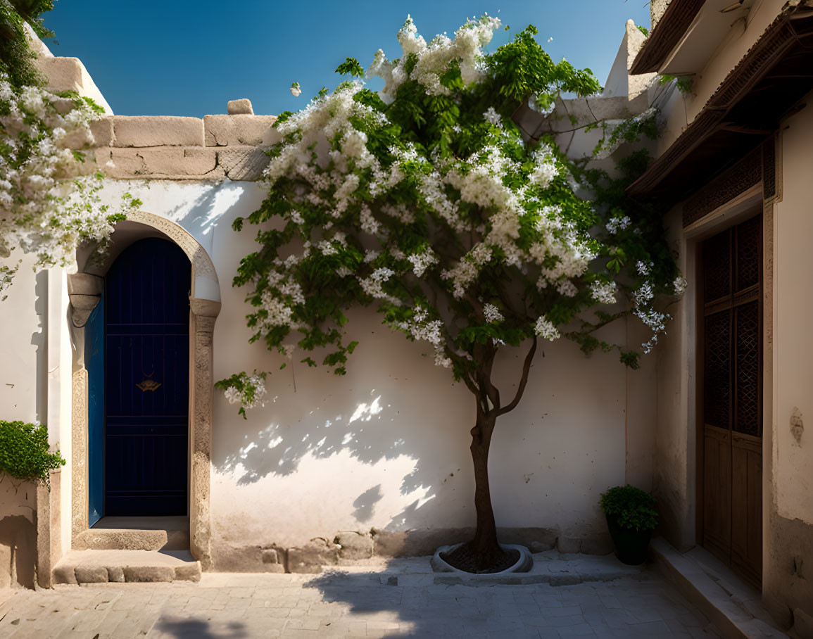 Tranquil courtyard with white blooming tree, blue door, and textured walls