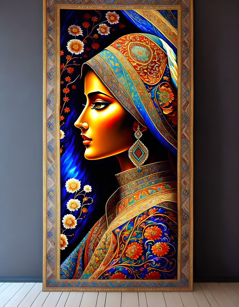 Colorful Traditional Attire Painting of Woman in Ornate Jewelry