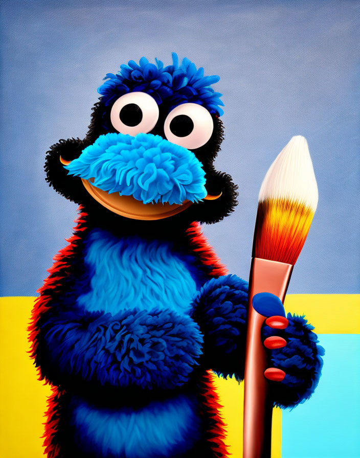 Colorful illustration of blue furry character with orange nose and paintbrush on blue and yellow background