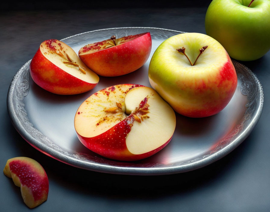 Plate with Whole and Sliced Apples in Red and Yellow on Dark Background