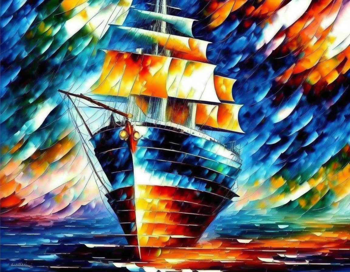 Colorful painting of sailing ship on fiery sea.