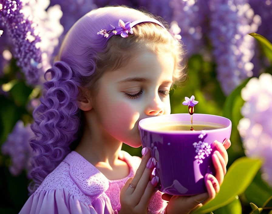 Curly Purple-Haired Girl Smelling Tea Cup Among Lilac Blossoms