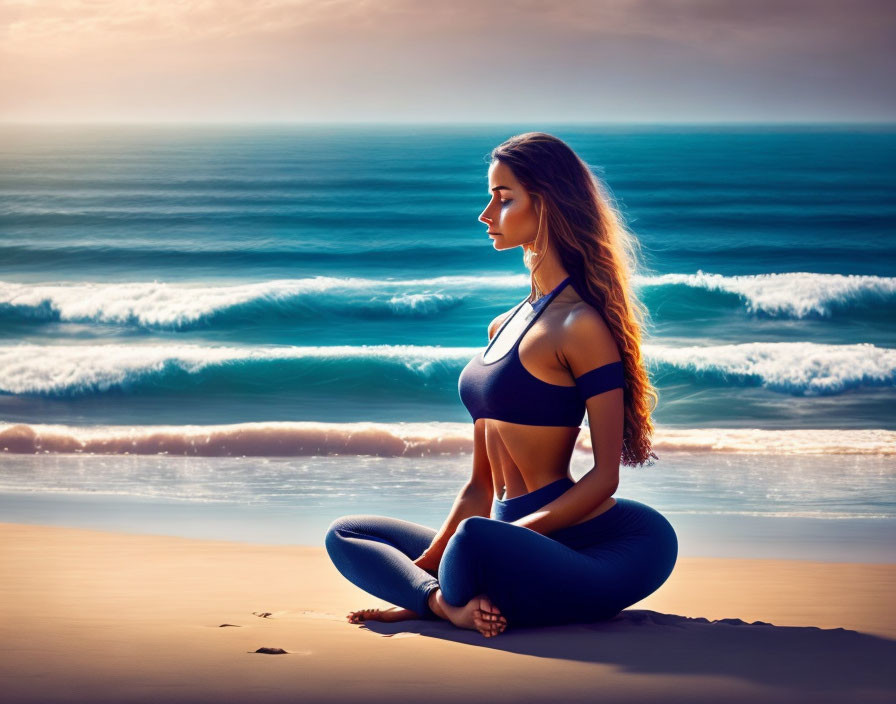 Person meditating on beach at sunset with ocean waves.