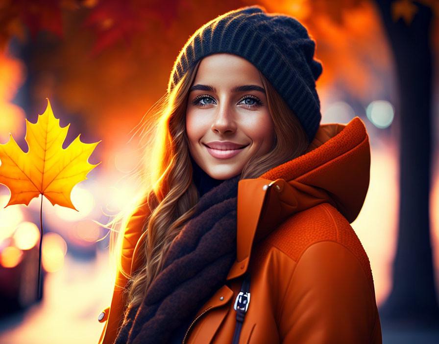 Smiling woman in orange jacket and beanie in autumn setting.