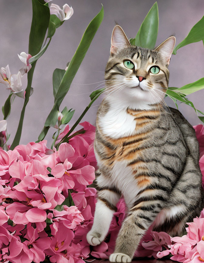 Grey Tabby Cat with Green Eyes Among Pink Flowers and Leaves