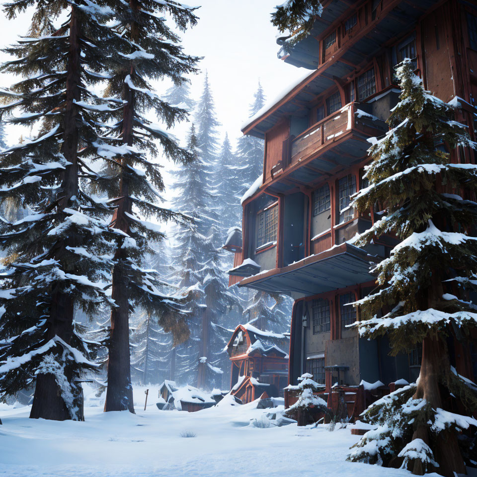 Snowy Winter Scene: Cozy Cabin & Conifer Trees