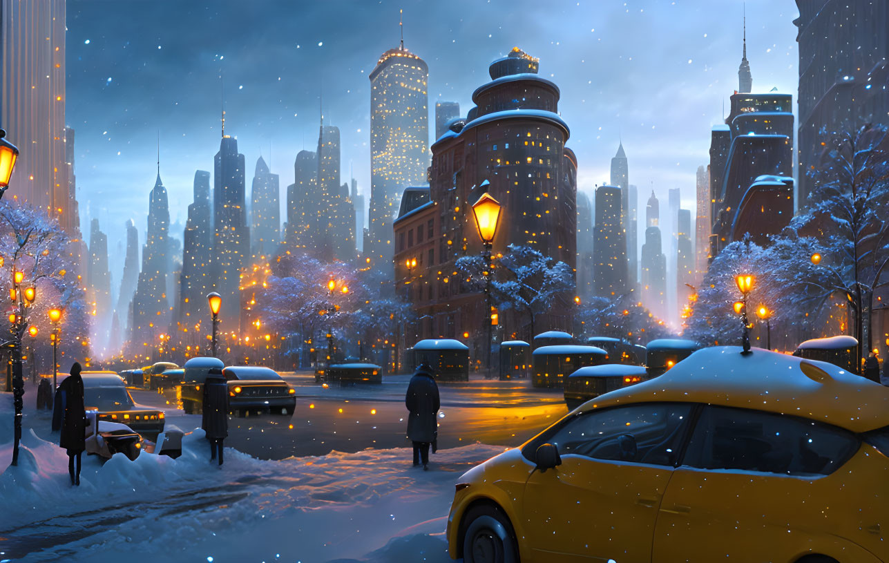 Snowy city scene at dusk: illuminated street lamps, pedestrians, snow-covered cars, skyscrapers