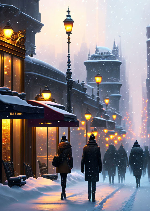 Couple walking on snowy street at dusk with warm light from street lamps and shops