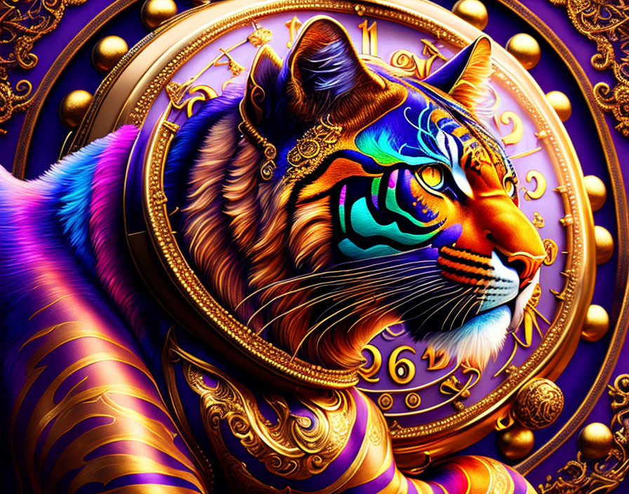 Vividly colored digital artwork: Majestic tiger with ornate patterns