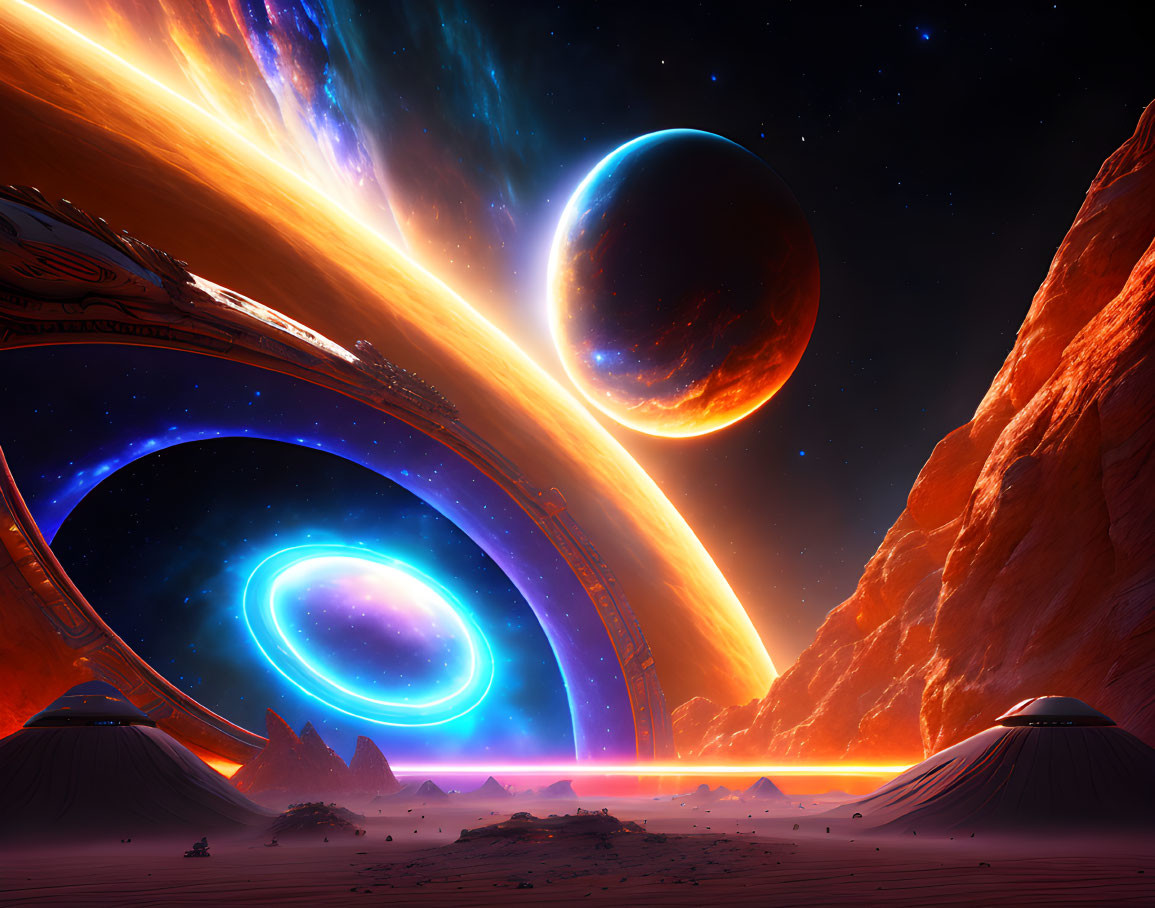 Vibrant sci-fi landscape with glowing portal, ringed planets, soaring cliffs