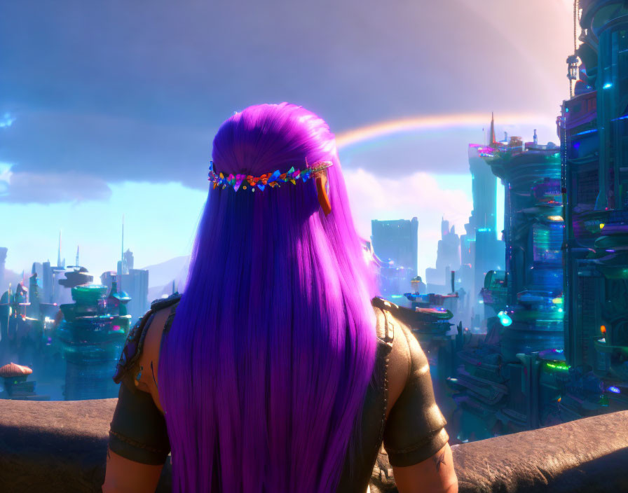 Vibrant purple hair and colorful clip overlooking futuristic cityscape