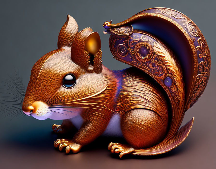 Colorful whimsical squirrel illustration with ornate jewel-adorned tail