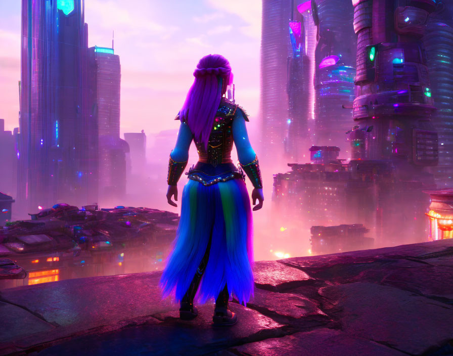 Purple-haired character admires futuristic cityscape at purple-hued dusk or dawn