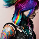 Vibrant side profile of woman with rainbow hair and tattoos against cityscape.