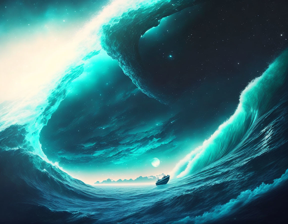 Surreal image: small boat on dark blue ocean under galaxy-filled sky