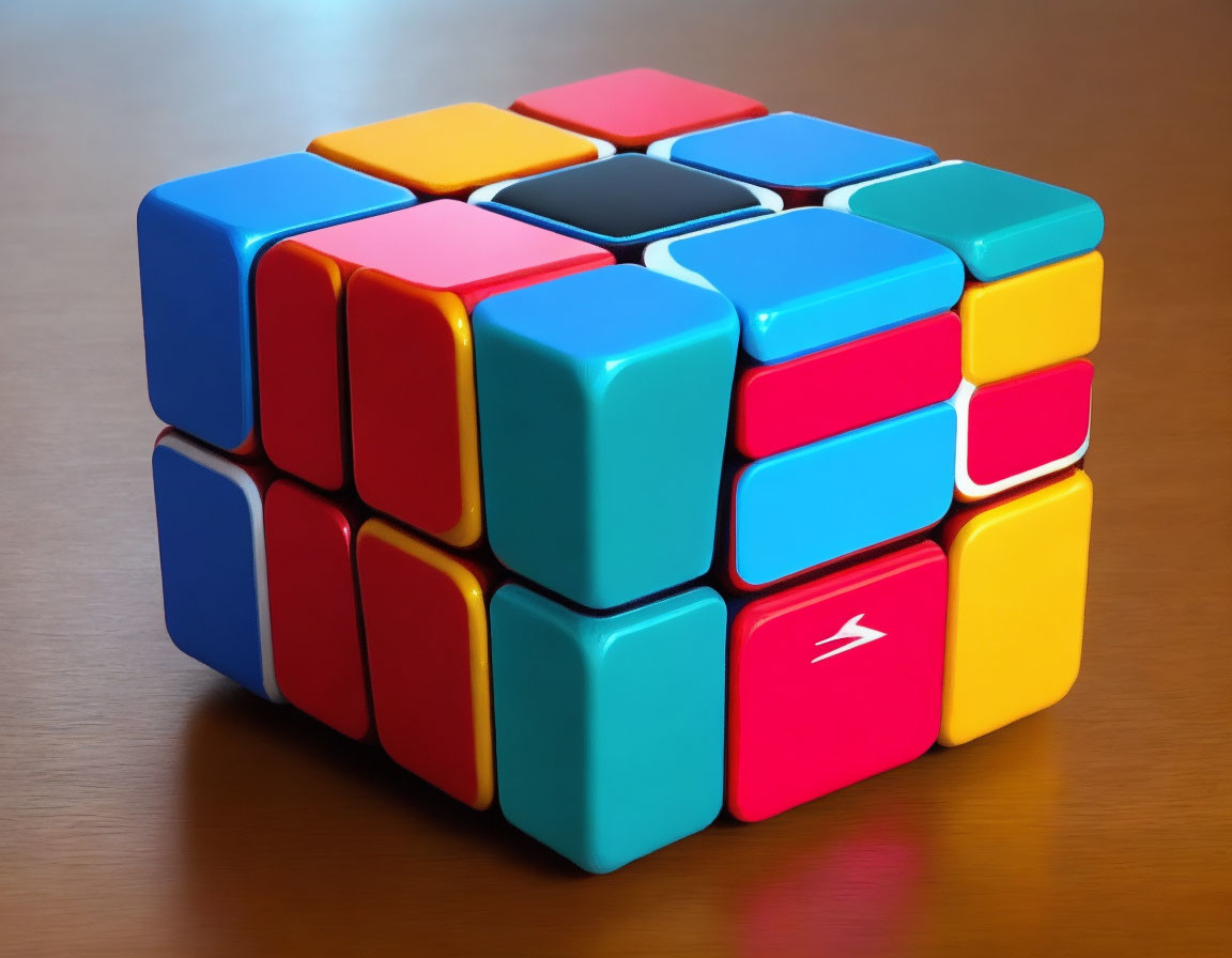 Partially Solved Rubik's Cube on Wooden Surface