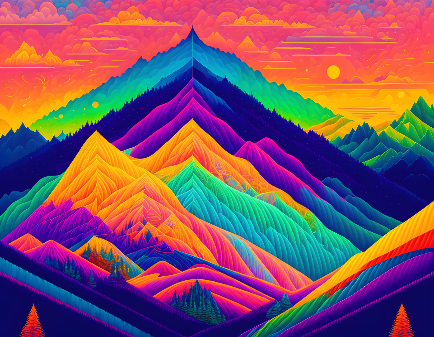 Colorful Psychedelic Mountain Landscape at Sunset
