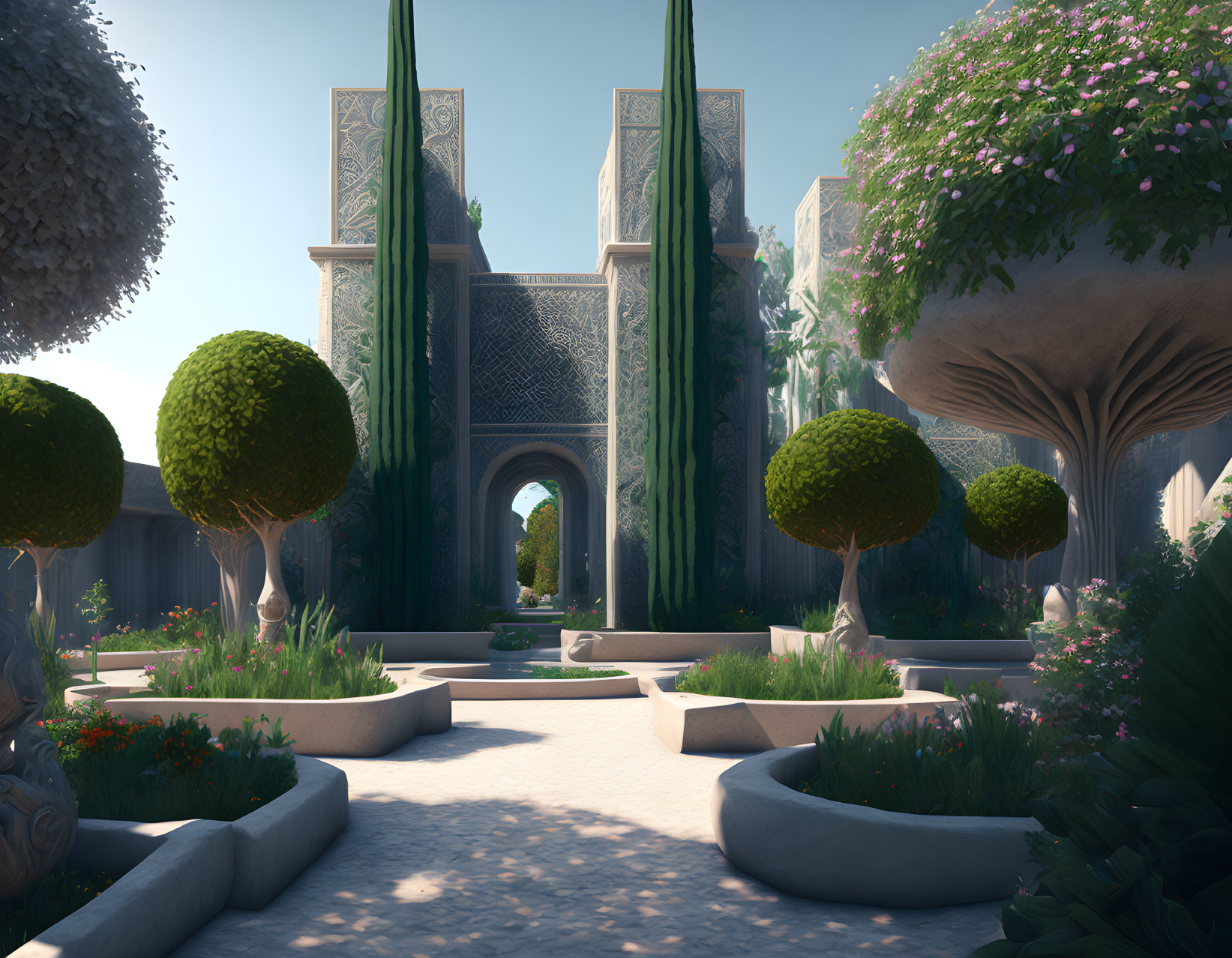 Tranquil garden with sculpted trees, blooming flowers, and mosaic archways