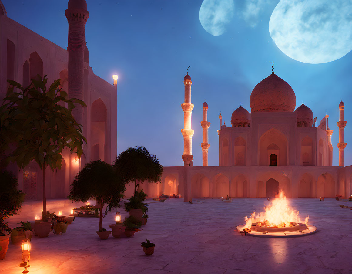 Mosque with Minarets at Night: Fire Pit and Moonlit Sky