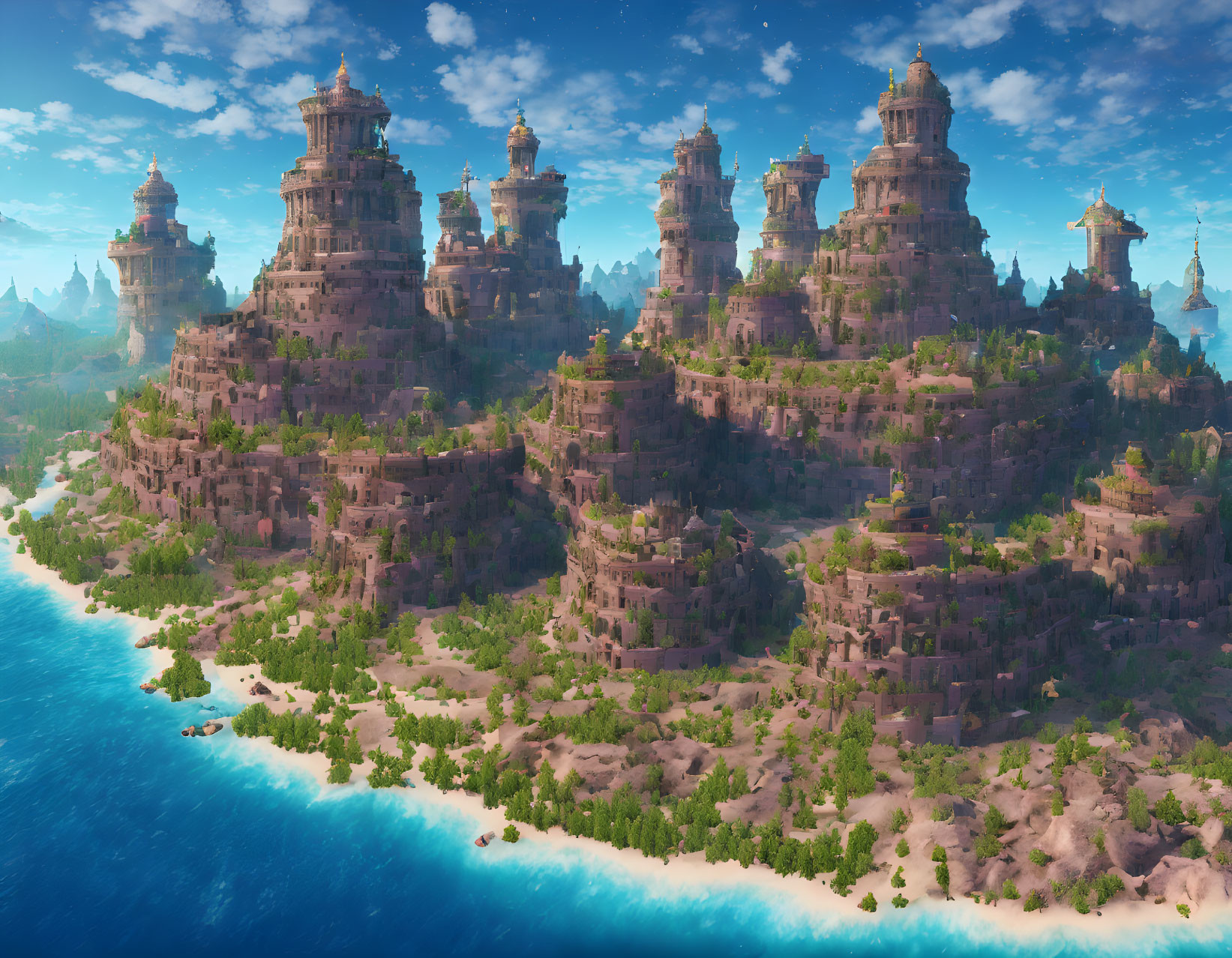 Majestic fantasy landscape with ancient temples on cliffs