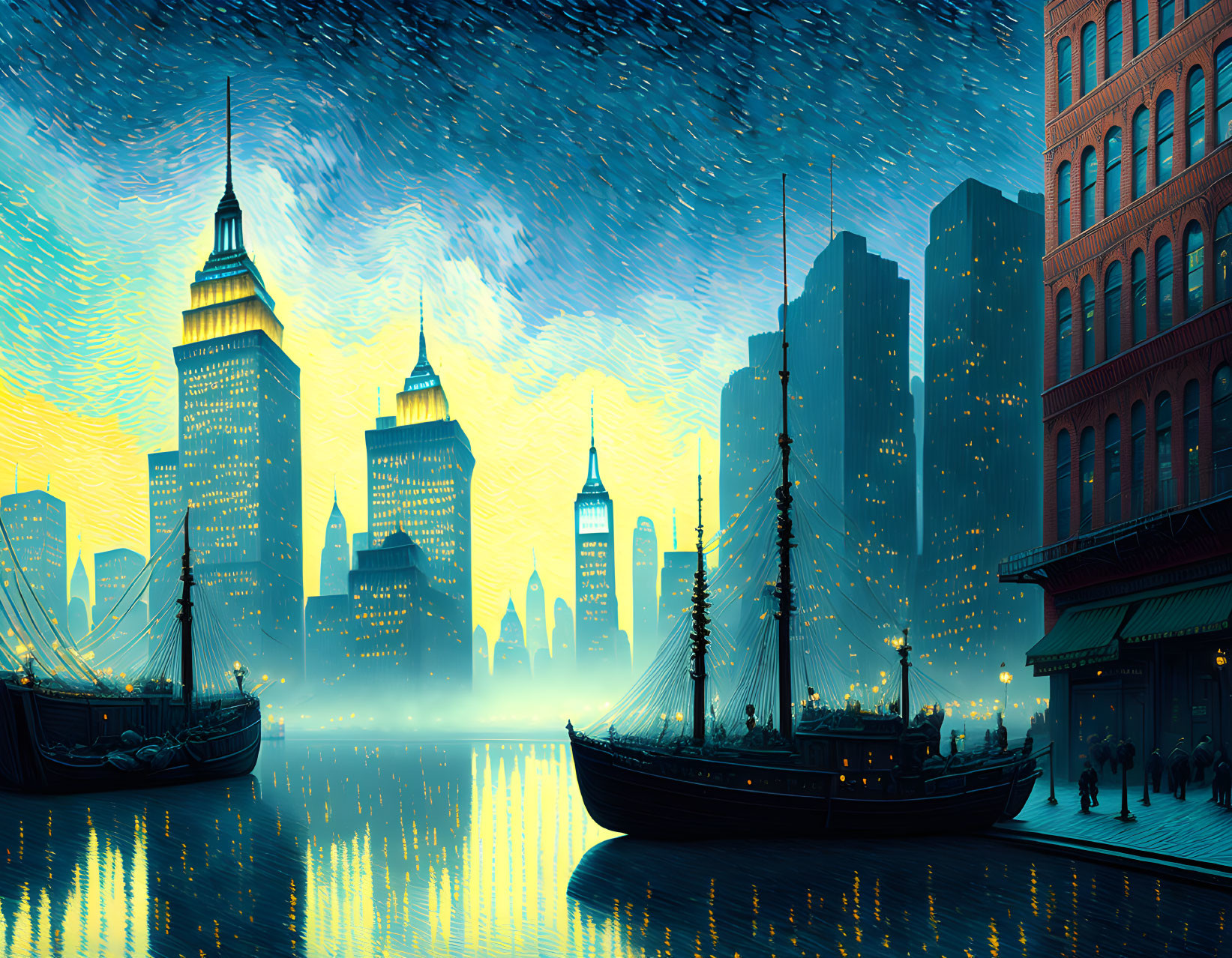 Starry evening harbor scene with historic ships and glowing skyscrapers