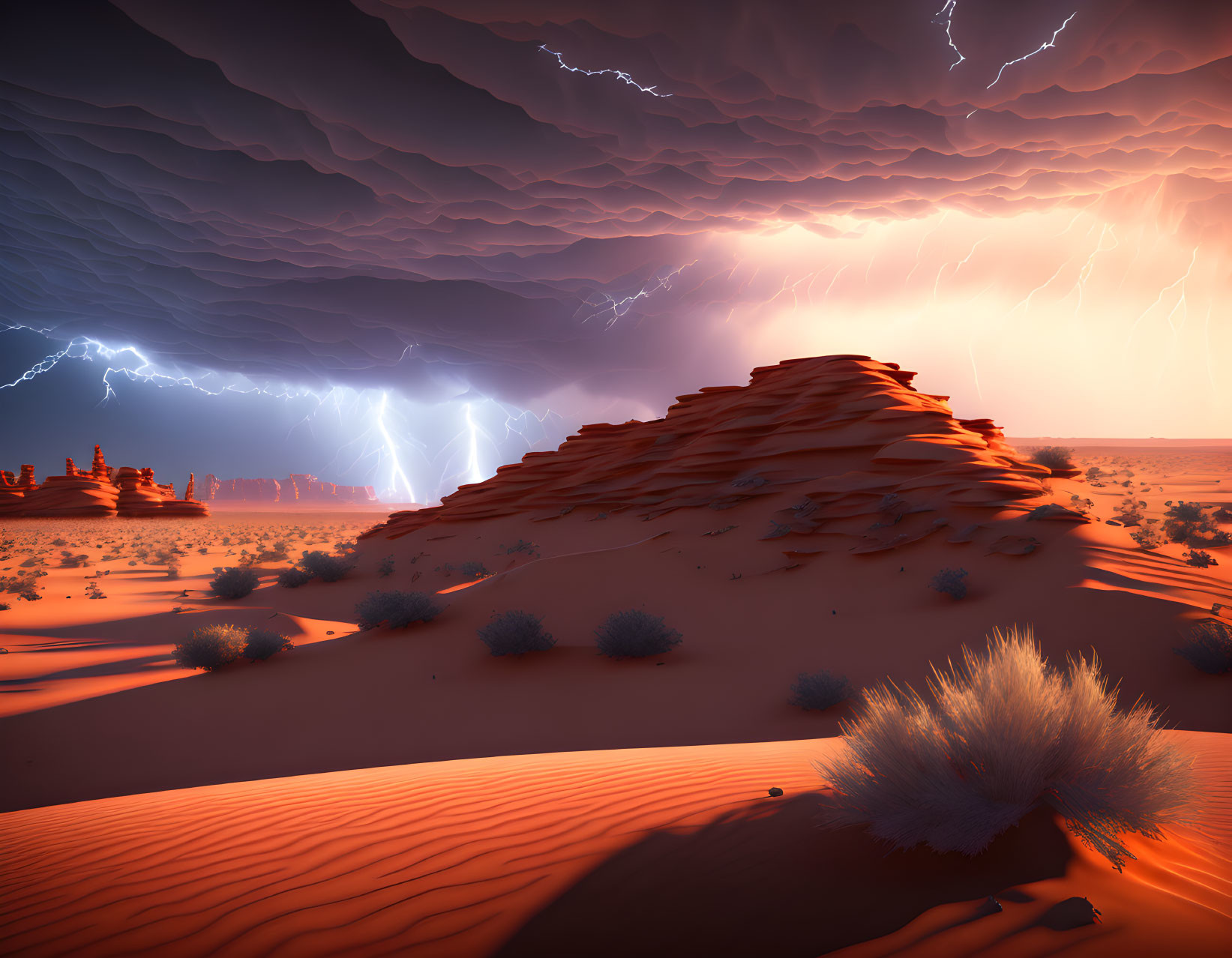 Dark stormy skies over dramatic desert landscape with lightning strikes