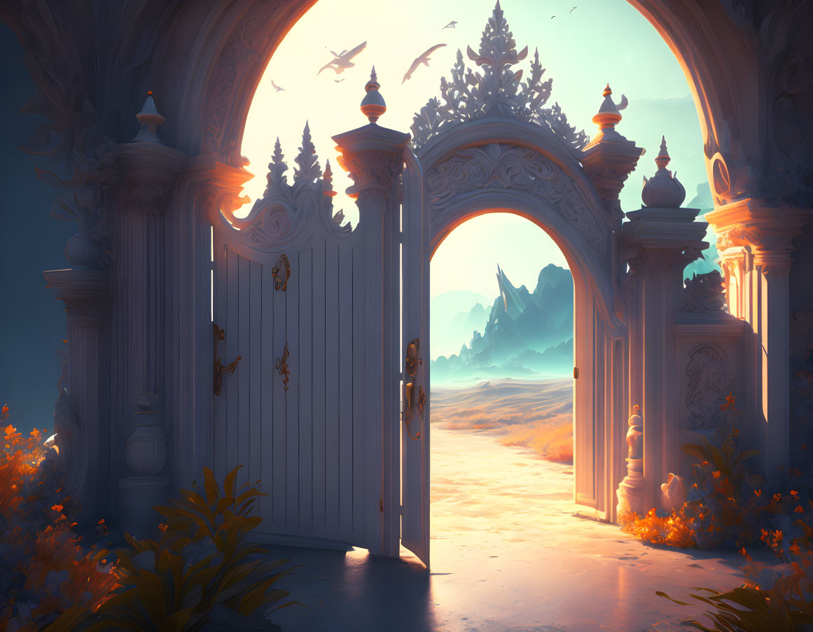 Ornate open gate and tranquil path with soaring mountains and birds in warm sky