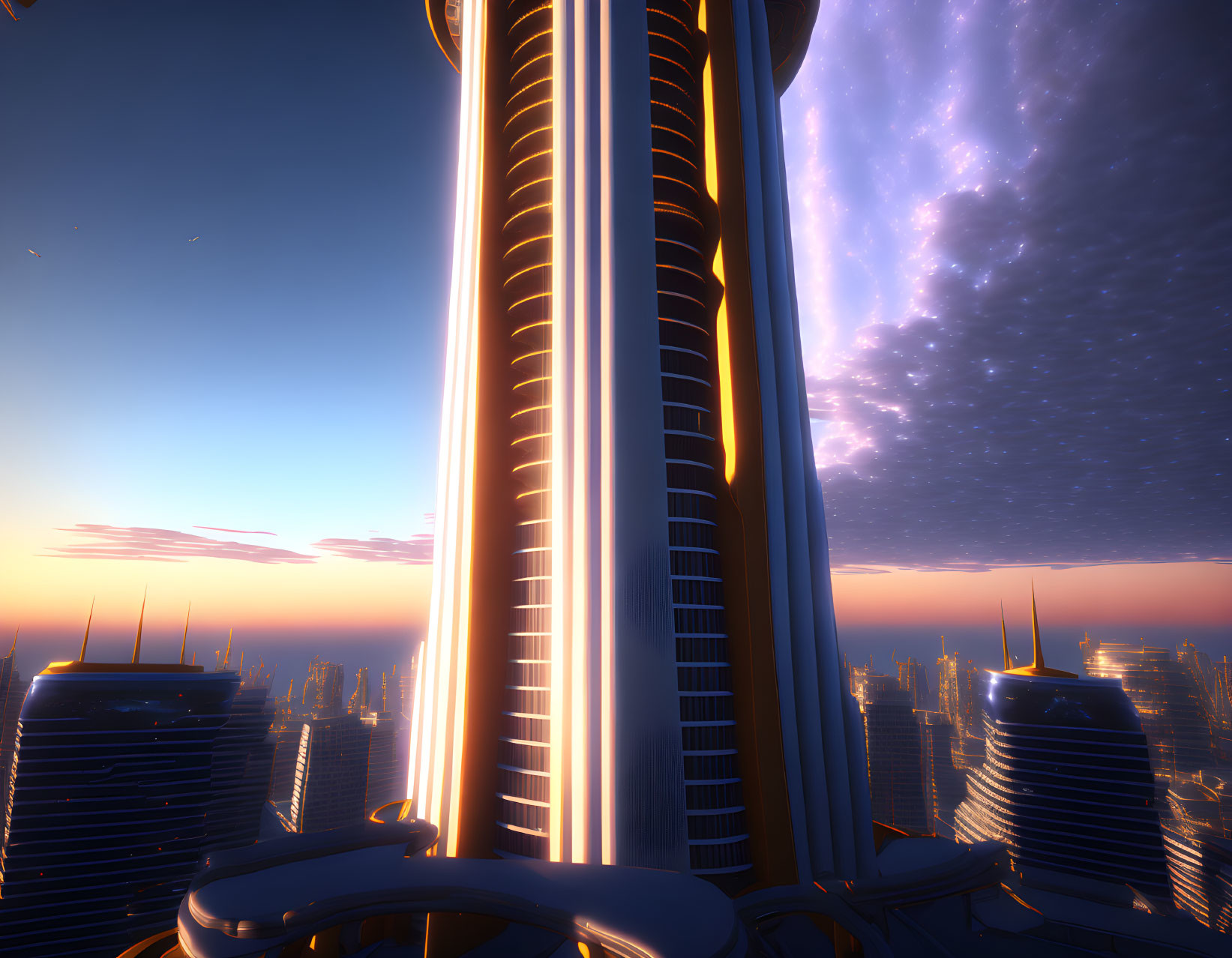 Futuristic cityscape at dusk with towering skyscrapers and dramatic sky.