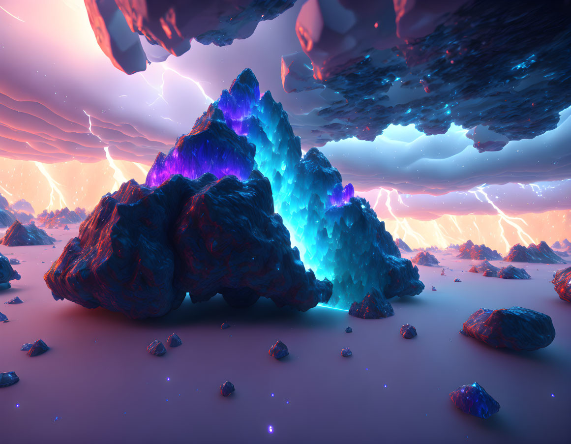 Alien landscape with glowing blue rocks under stormy purple sky