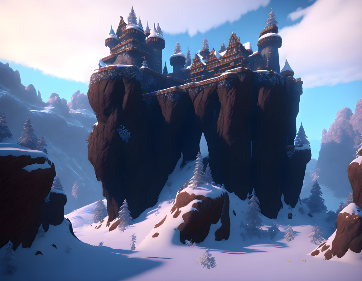 Fantastical castle on snowy floating mountain with spires and bridge in twilight sky