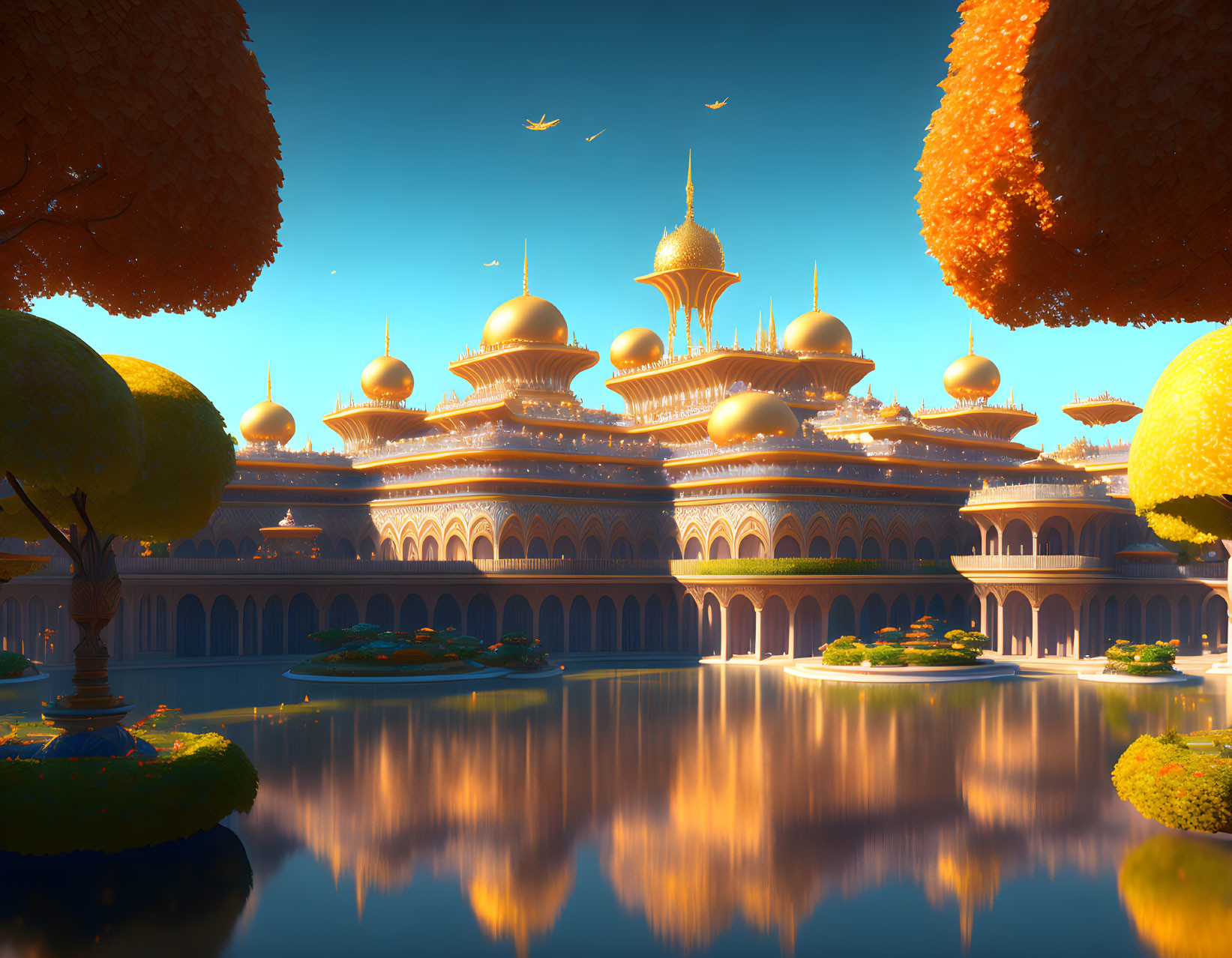 Golden domed palace in autumn landscape with tranquil water reflection