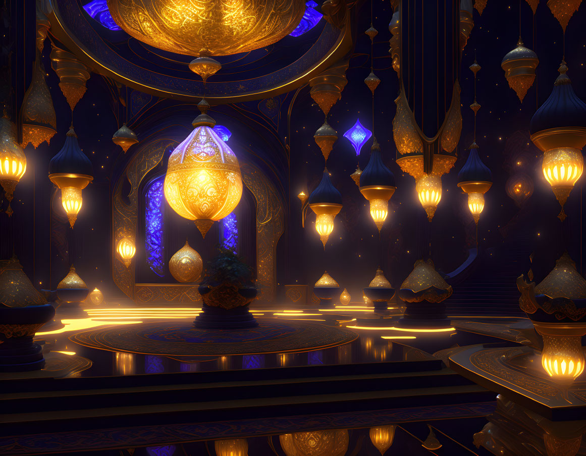 Luxurious Arabian-themed interior with golden patterns, ornate lanterns, and starlit arches.