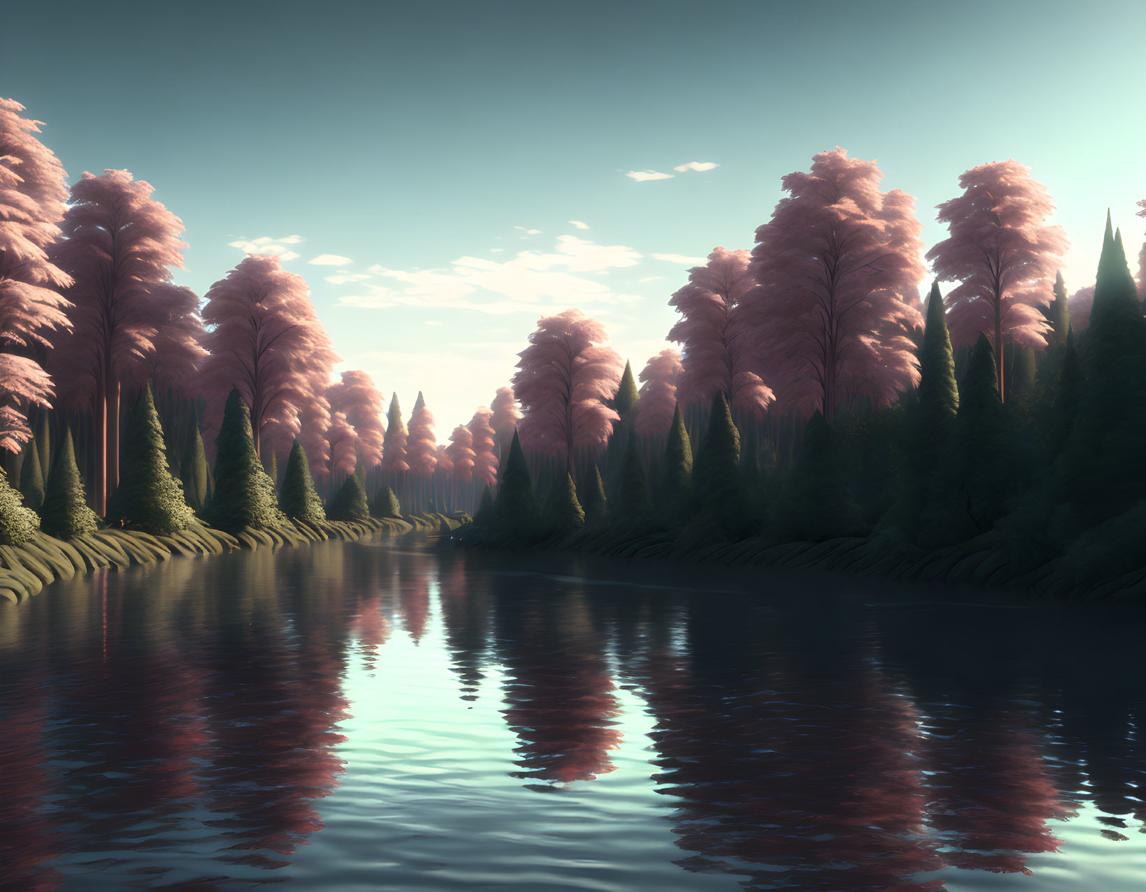 Tranquil river landscape with pink trees under blue sky