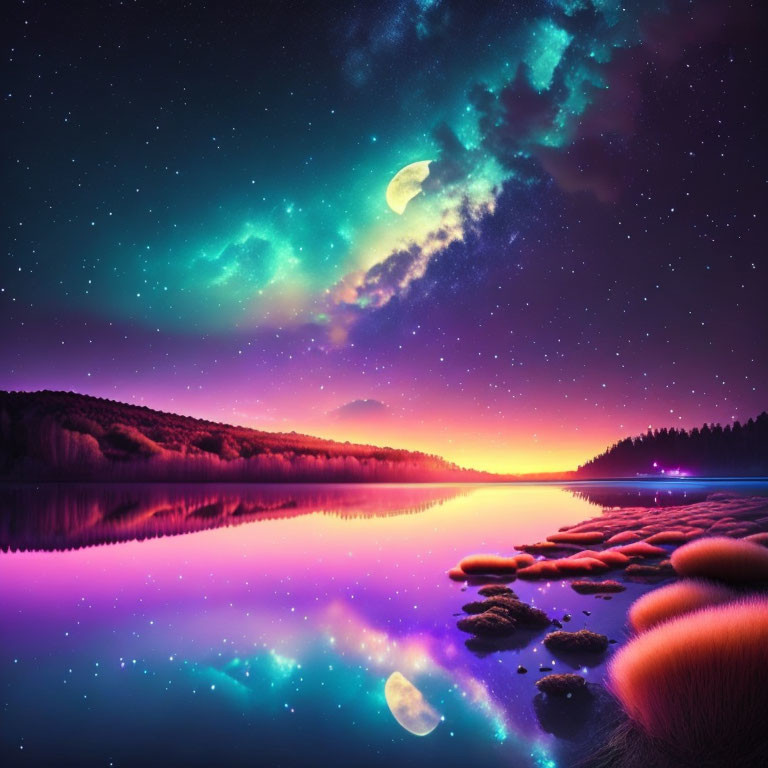 Luminous aurora, crescent moon, sunset reflection on tranquil lake