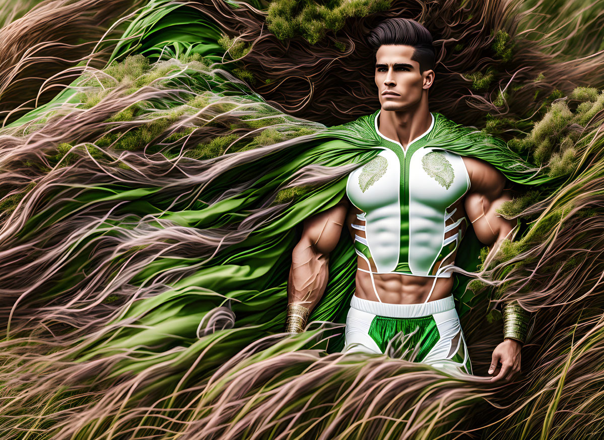 Muscular man in green and white superhero costume among swirling green and brown foliage.