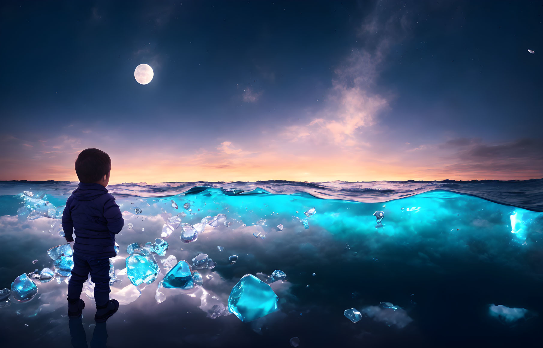 Child in winter coat against surreal glowing blue ice seascape under twilight sky