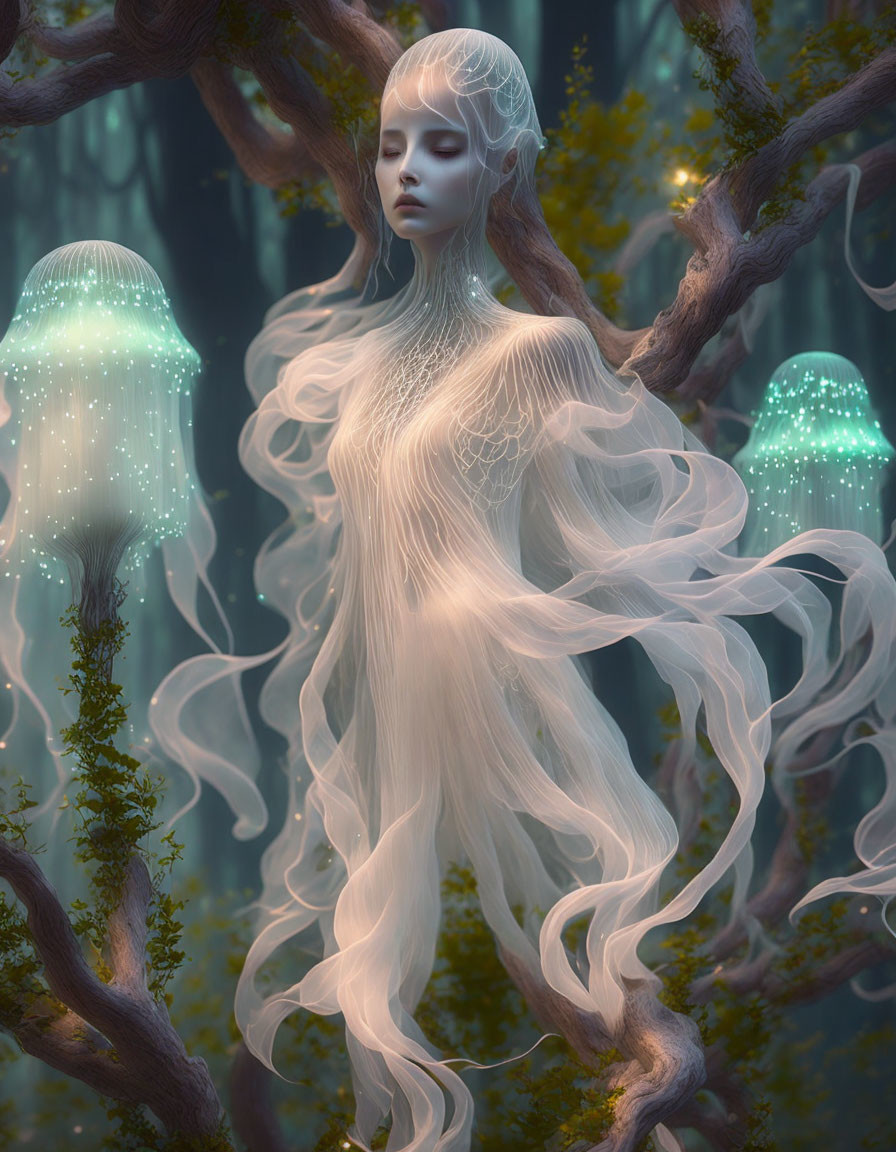 Mystical figure with white hair in enchanted forest scene.