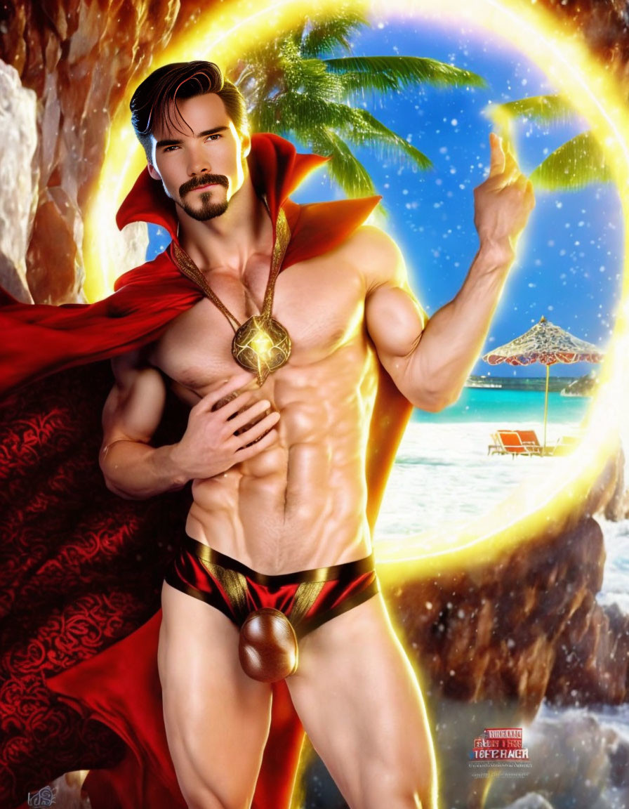 Muscular male fantasy character with beard in cape by magical beach portal