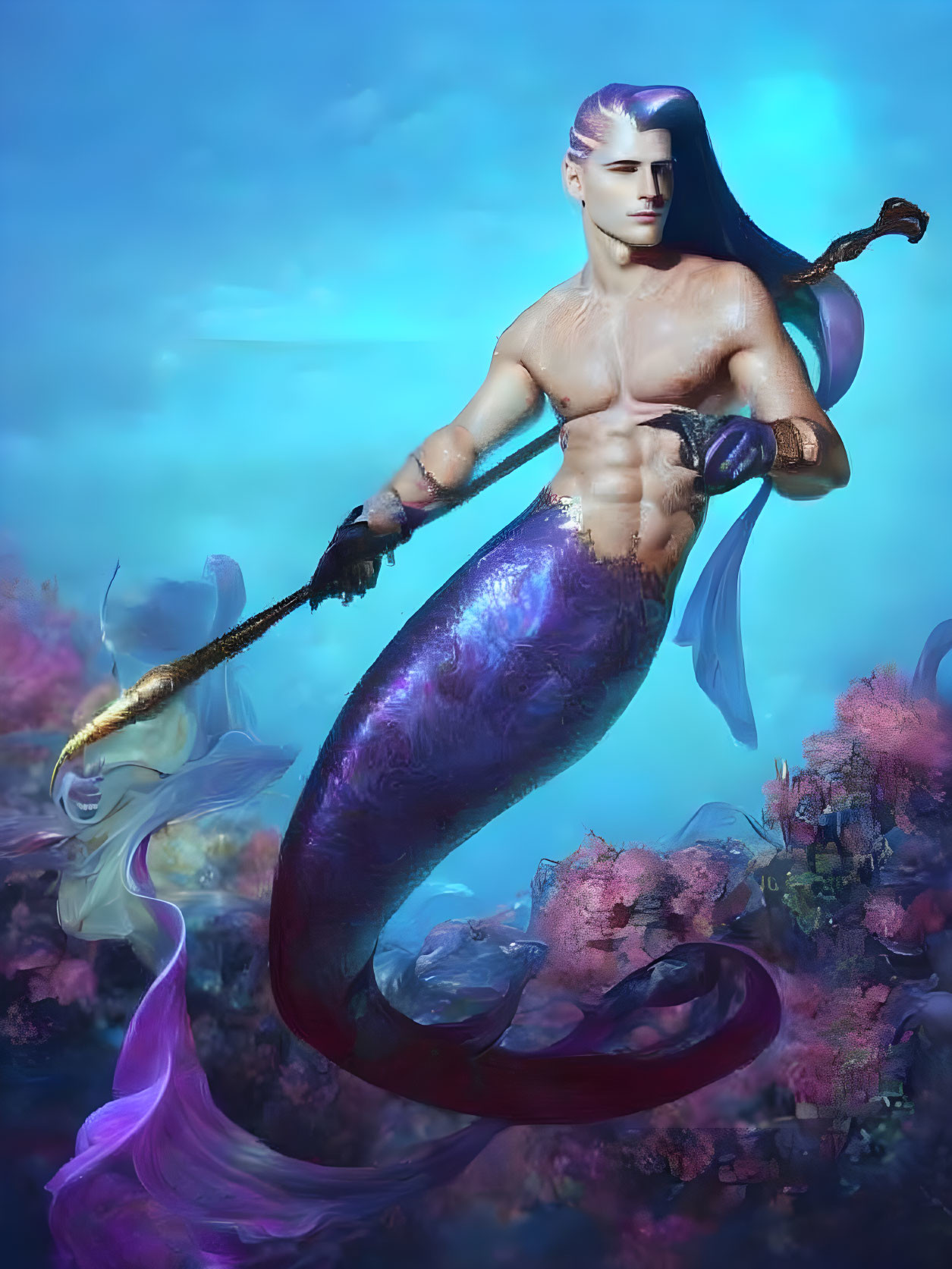 Male merman fantasy illustration with purple tail, golden trident, and underwater coral scene.