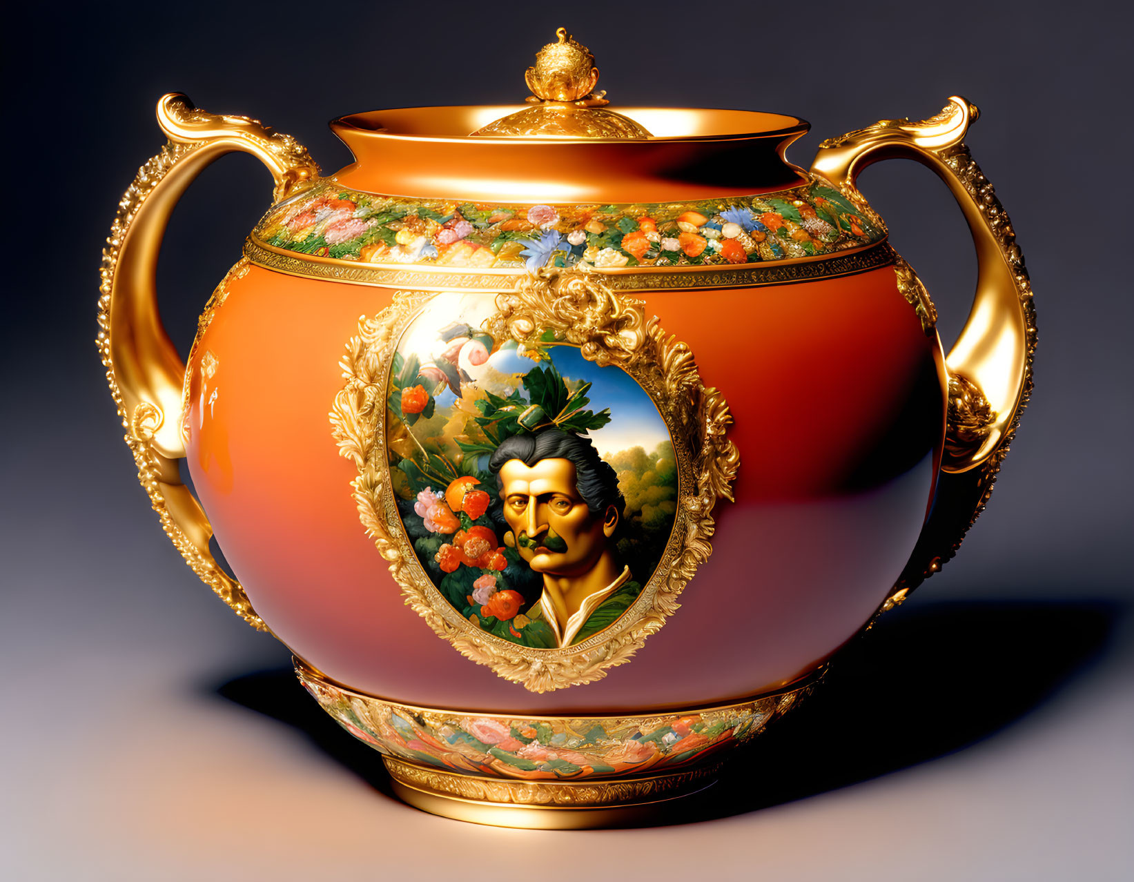 Orange Teapot with Gold Handles and Portrait Motif on Central Medallion