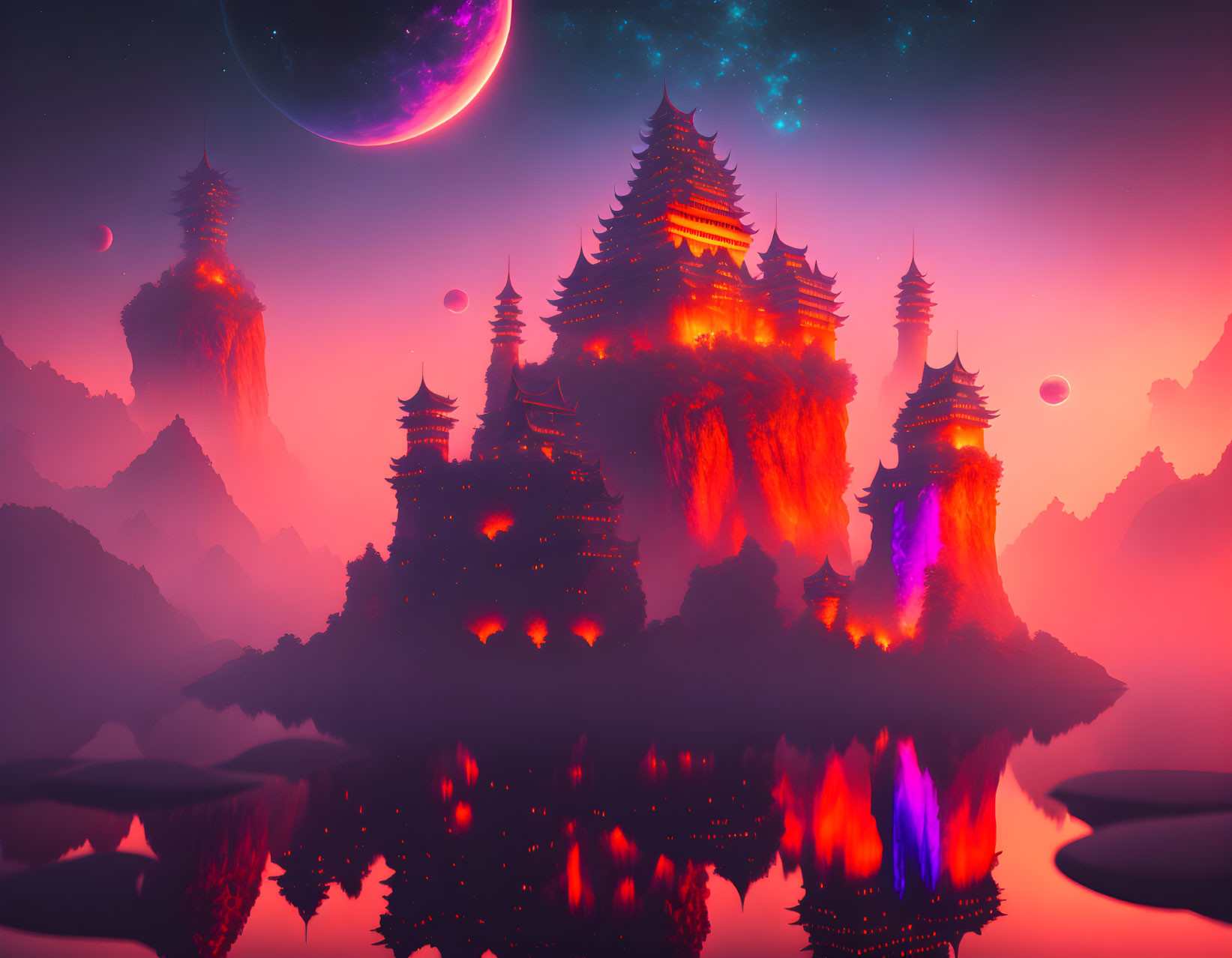 Ancient temples on floating mountains under twilight sky and crimson mist.