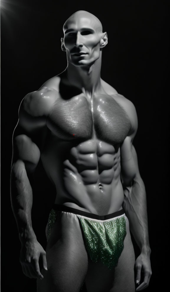 Muscular Male Model Poses in Green Briefs with Dramatic Lighting