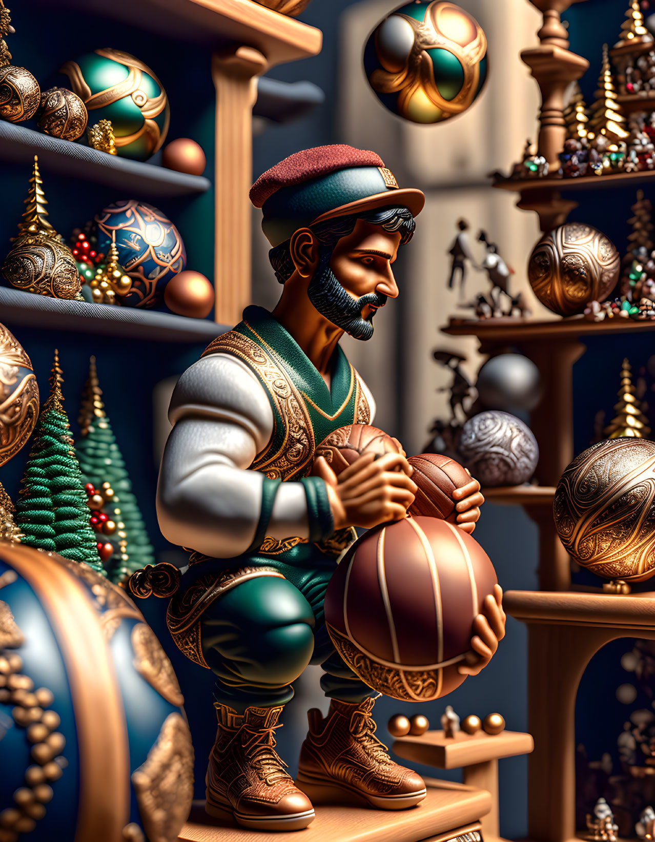 Detailed 3D illustration of man in historical attire with spherical object and ornate background.