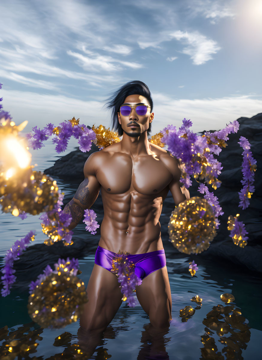 Shirtless male figure with sunglasses among purple flowers and glowing orbs at dusk