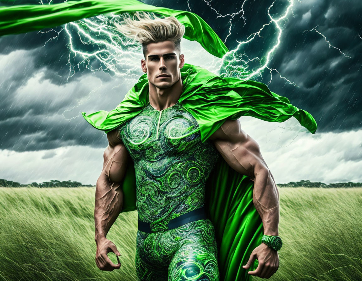 Muscular superhero in green suit with cape, standing in stormy field