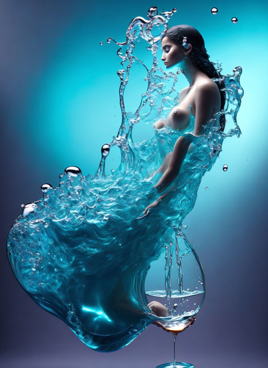 Woman merging with splashing water on blue gradient background