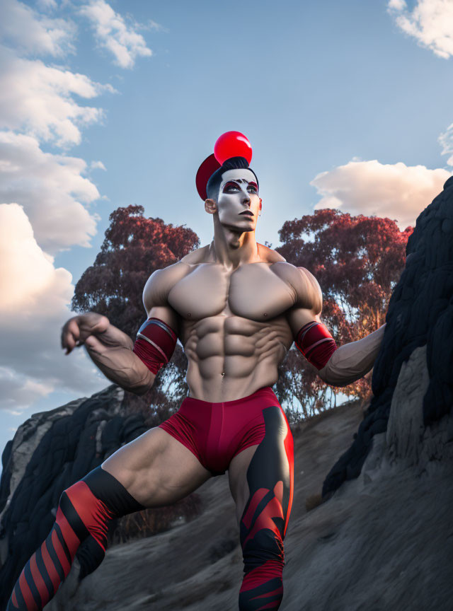 Muscular person in red and black superhero costume against rocky terrain and dramatic sky